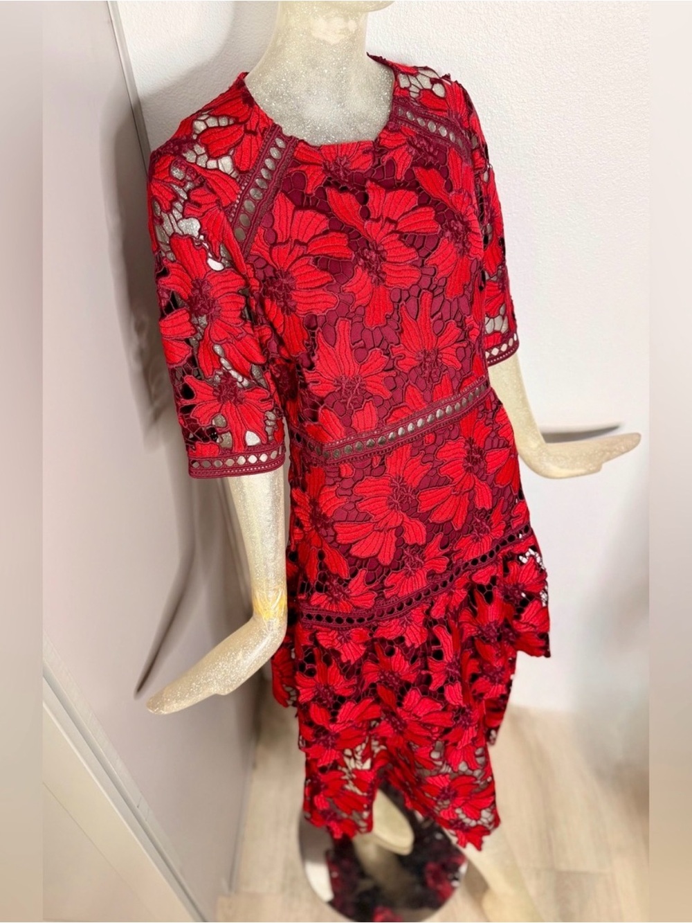 Just Me Red Floral Lace Midi Dress